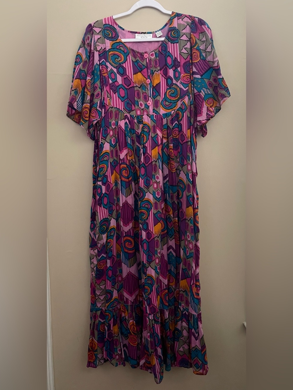Vintage Erica Taylor Sport Maxi Bright Abstract Print Tiered Short Sleeve Dress